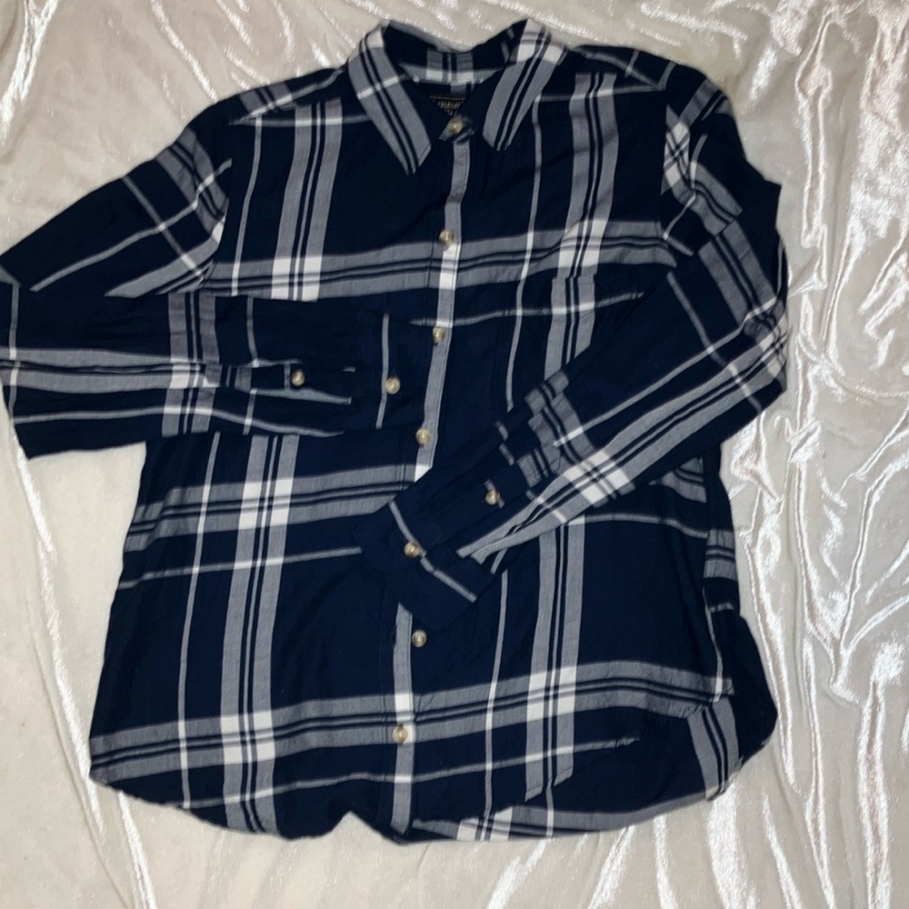 Navy and White Plaid Button-Up Shirt
